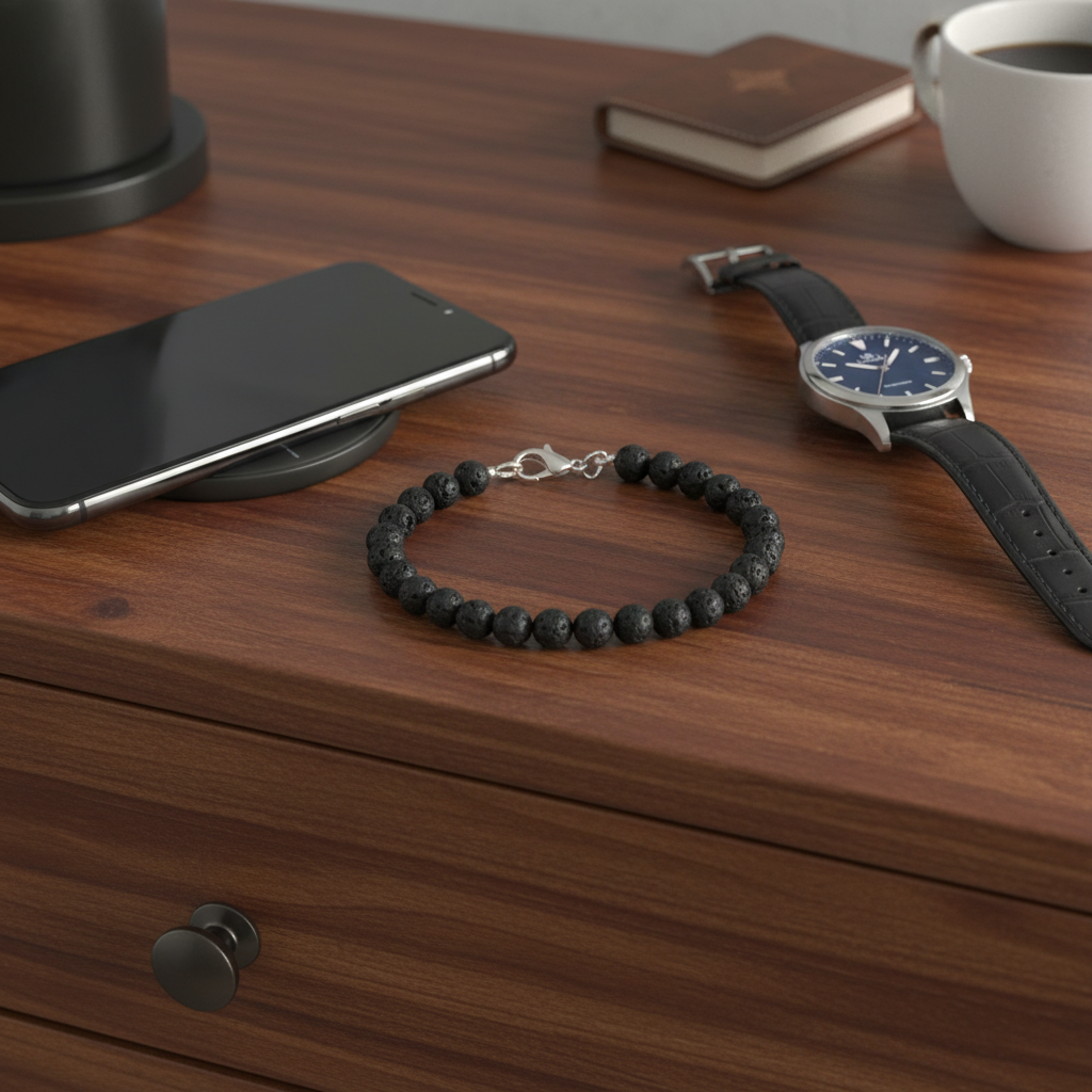 Mens Black Lava 6mm Bracelet On a Dresser