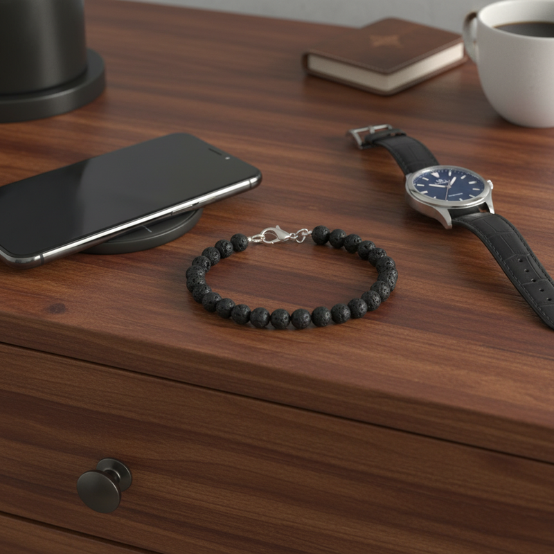 Mens Black Lava 6mm Bracelet On a Dresser