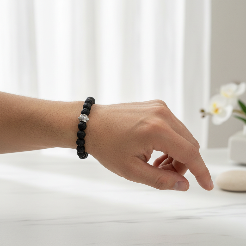 Black Lava Bracelet on Man's Hand