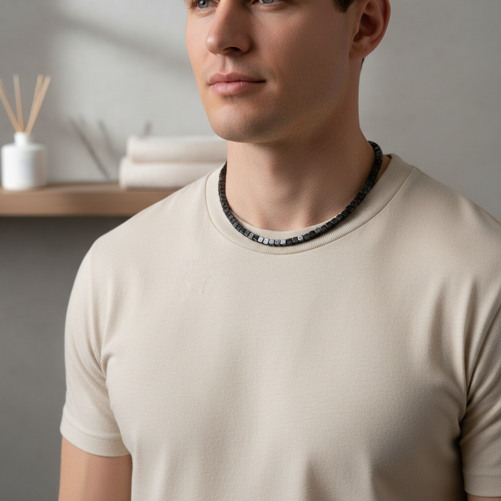 Black Lava Cube Necklace On A Man.