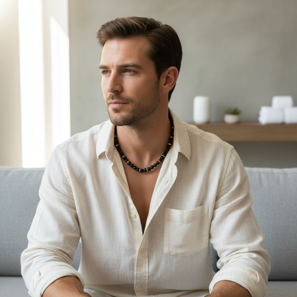 Black Lava Gold Ring Necklace On A Man.