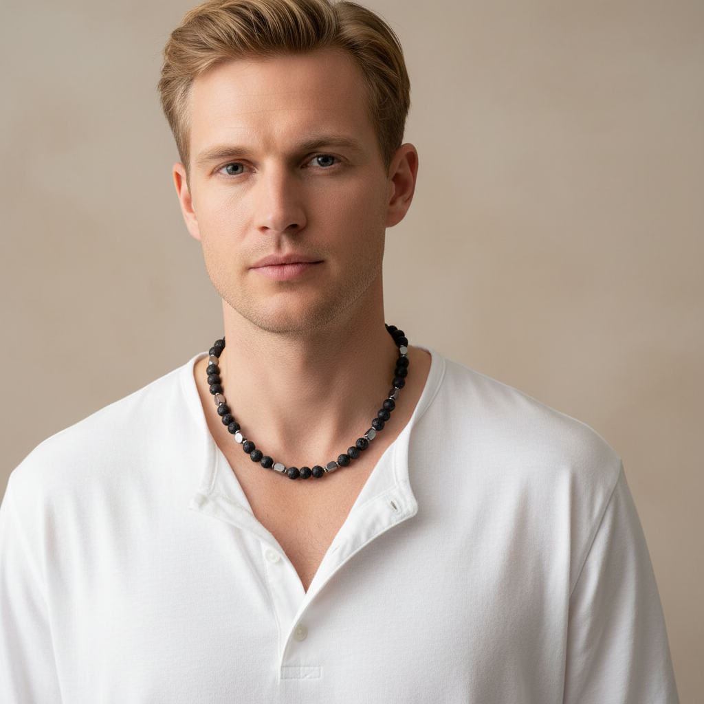 Black Lava Hematite Necklace On A Man.