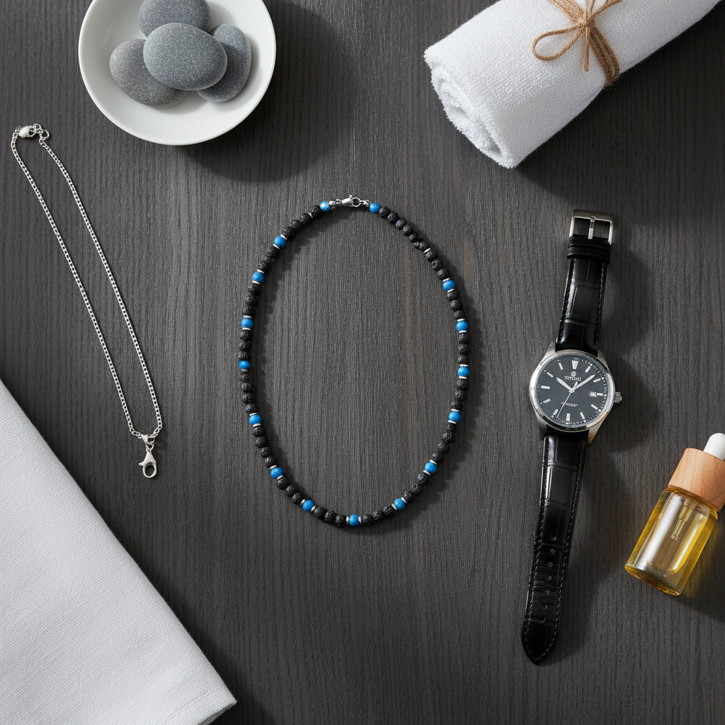 Black Lava and Blue Wood 6mm Mens Necklace on a table.