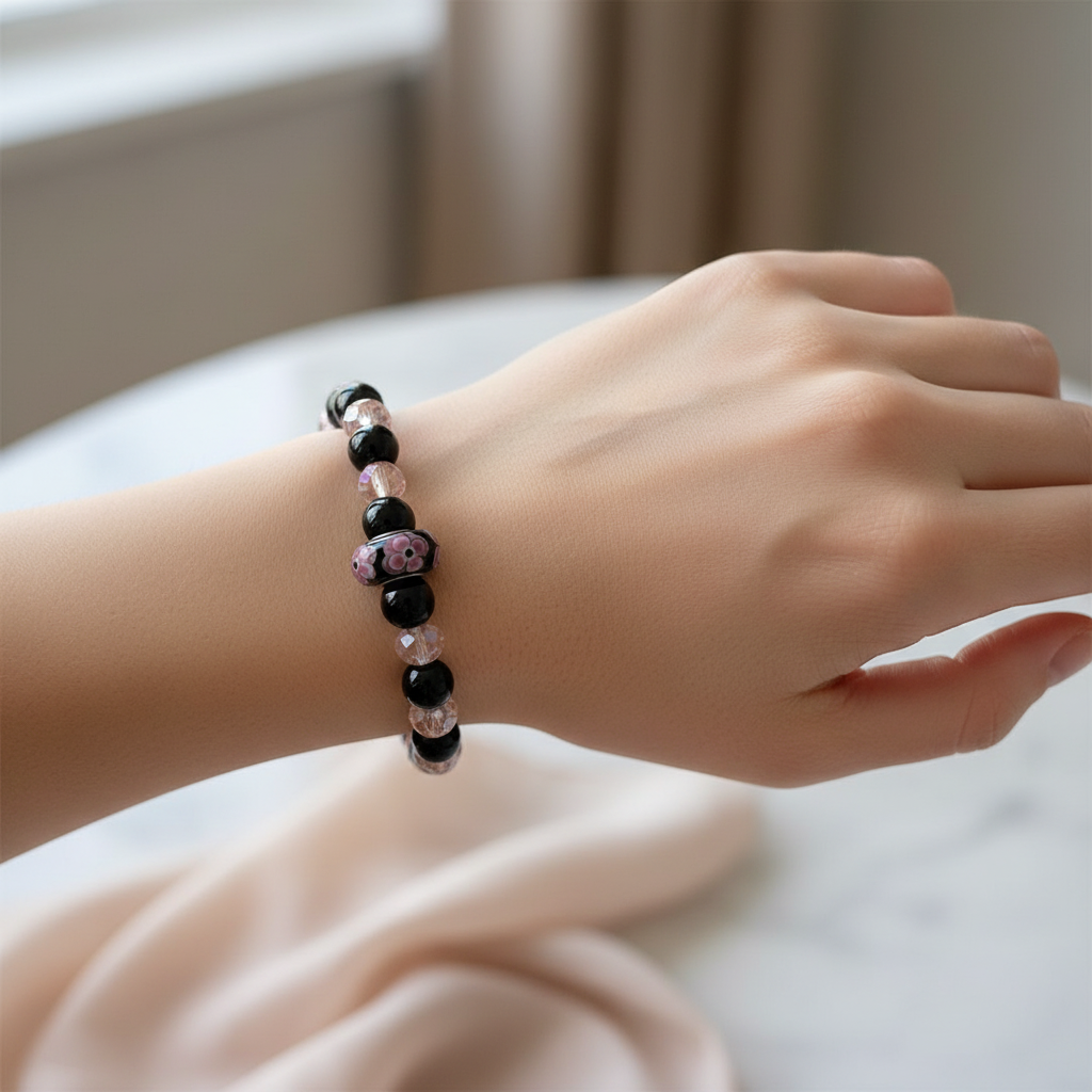 Black Onyx and Pink Crystal Beaded Bracelet.