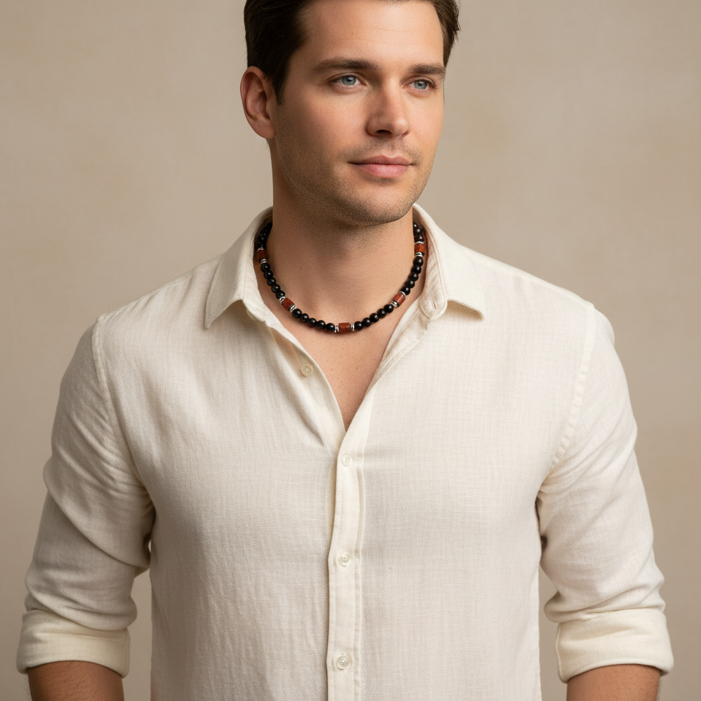 Black Onyx and Rosewood Necklace On A Man.