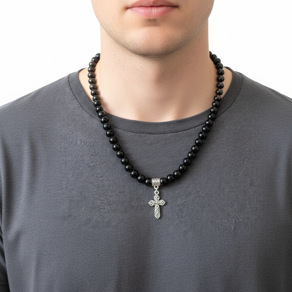 Black Onyx and Silver Cross Necklace On A Man.