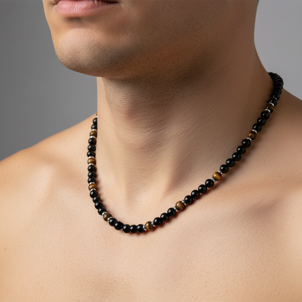 Black onyx and tiger's eye beaded necklace on man - square format