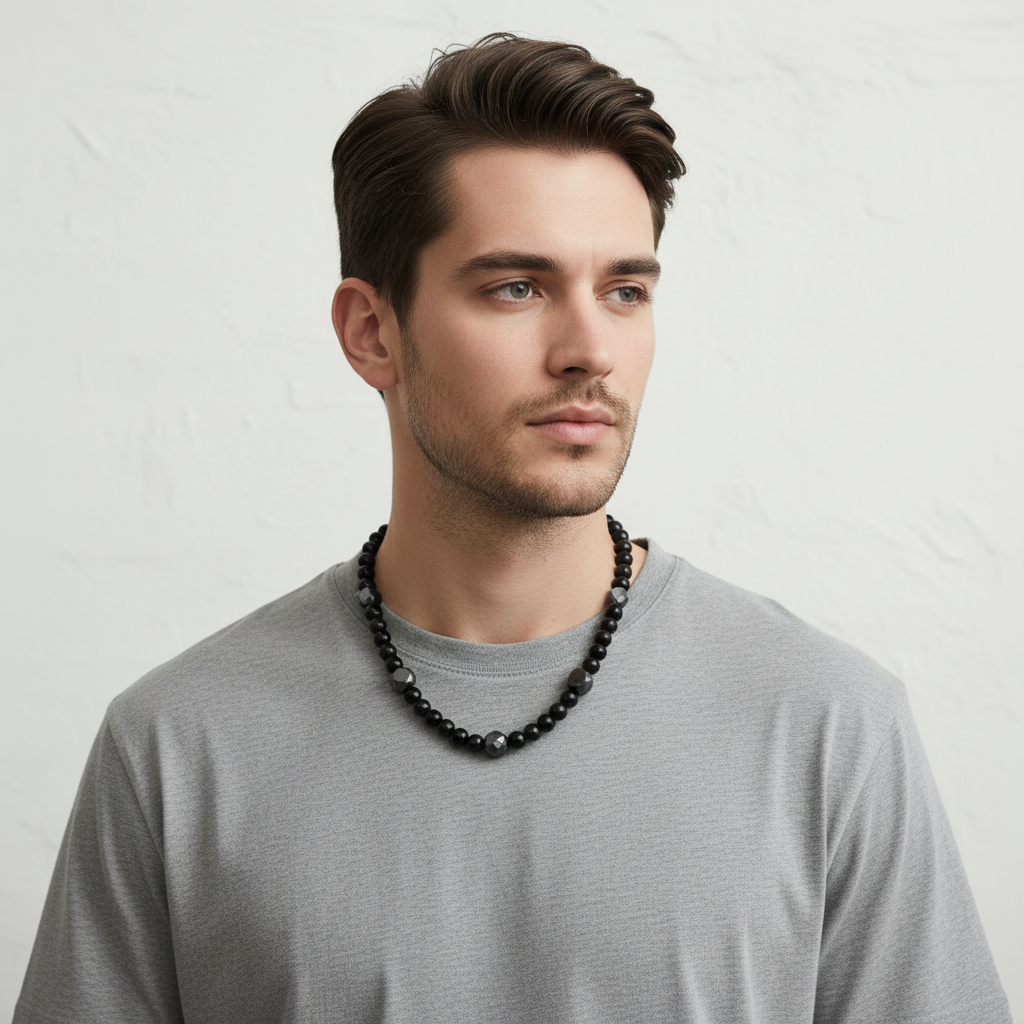 Mens Black Onyx Round and Faceted Beaded Necklace