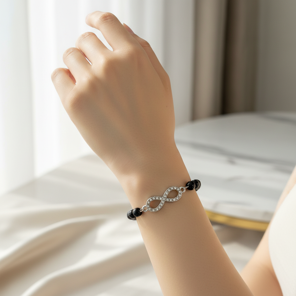 Black Onyx Bracelet On A Wrist.