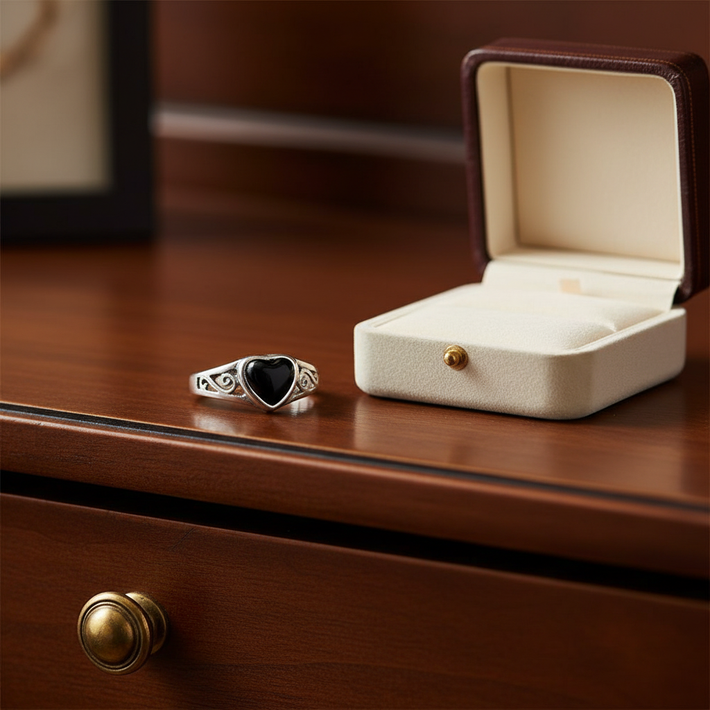 Black Onyx Heart Ring on Dresser