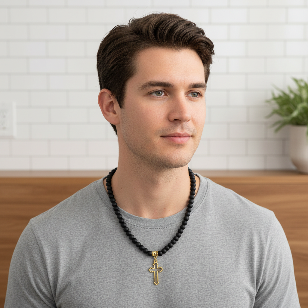 Black Onyx Mens Beaded Gold Cross Necklace On A Man.