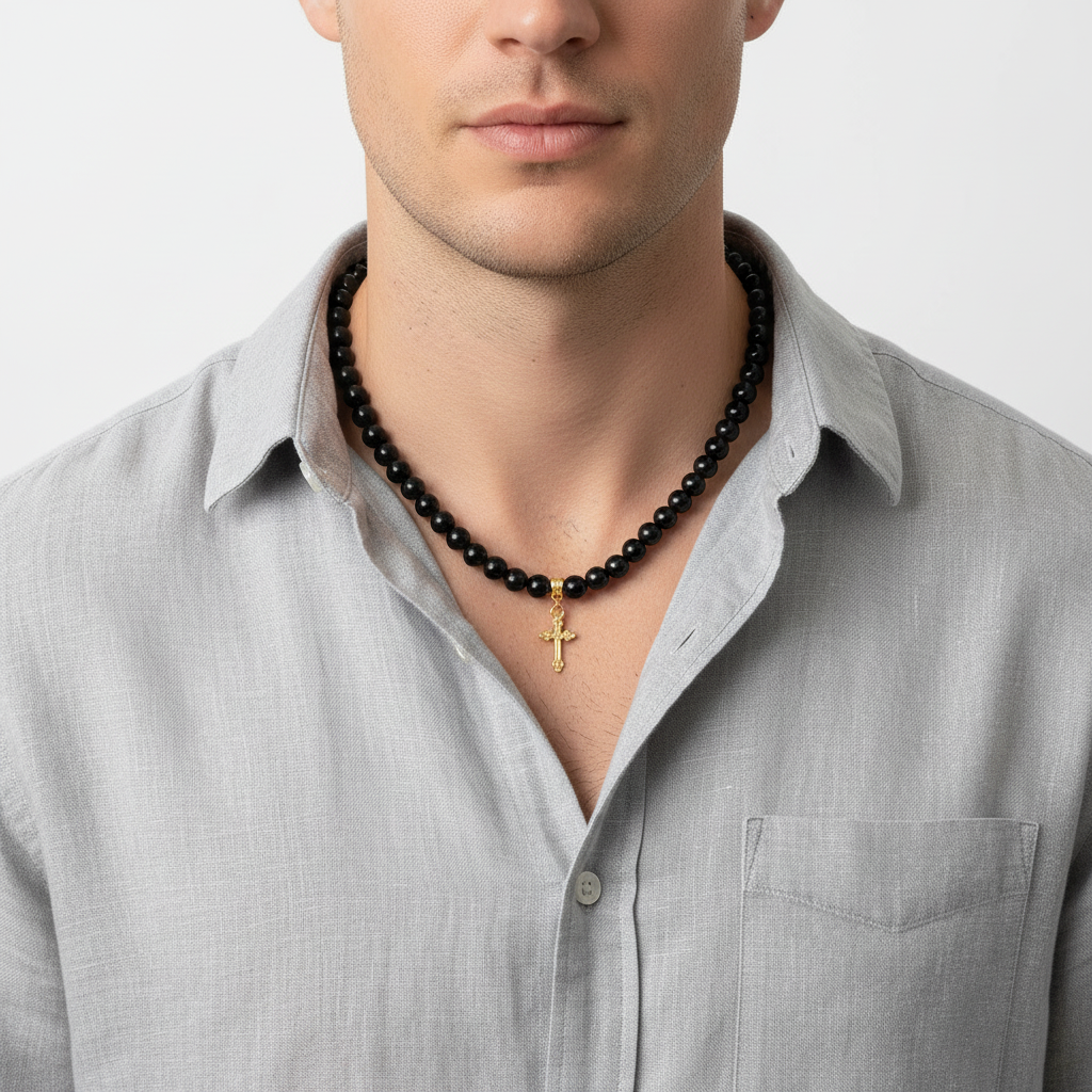 Black Onyx Necklace On A Man.