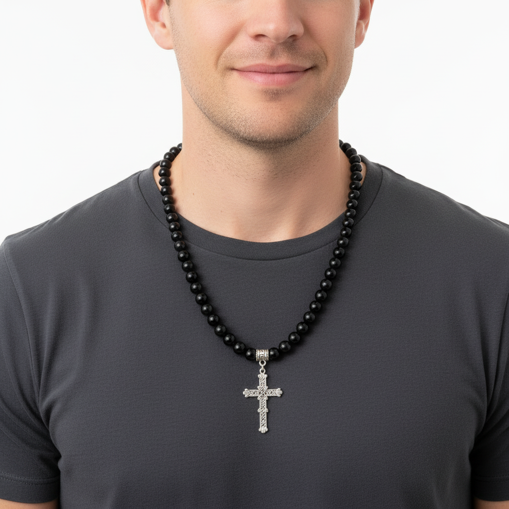 Black Onyx Mens Necklace With Large Silver Cross On a Man.