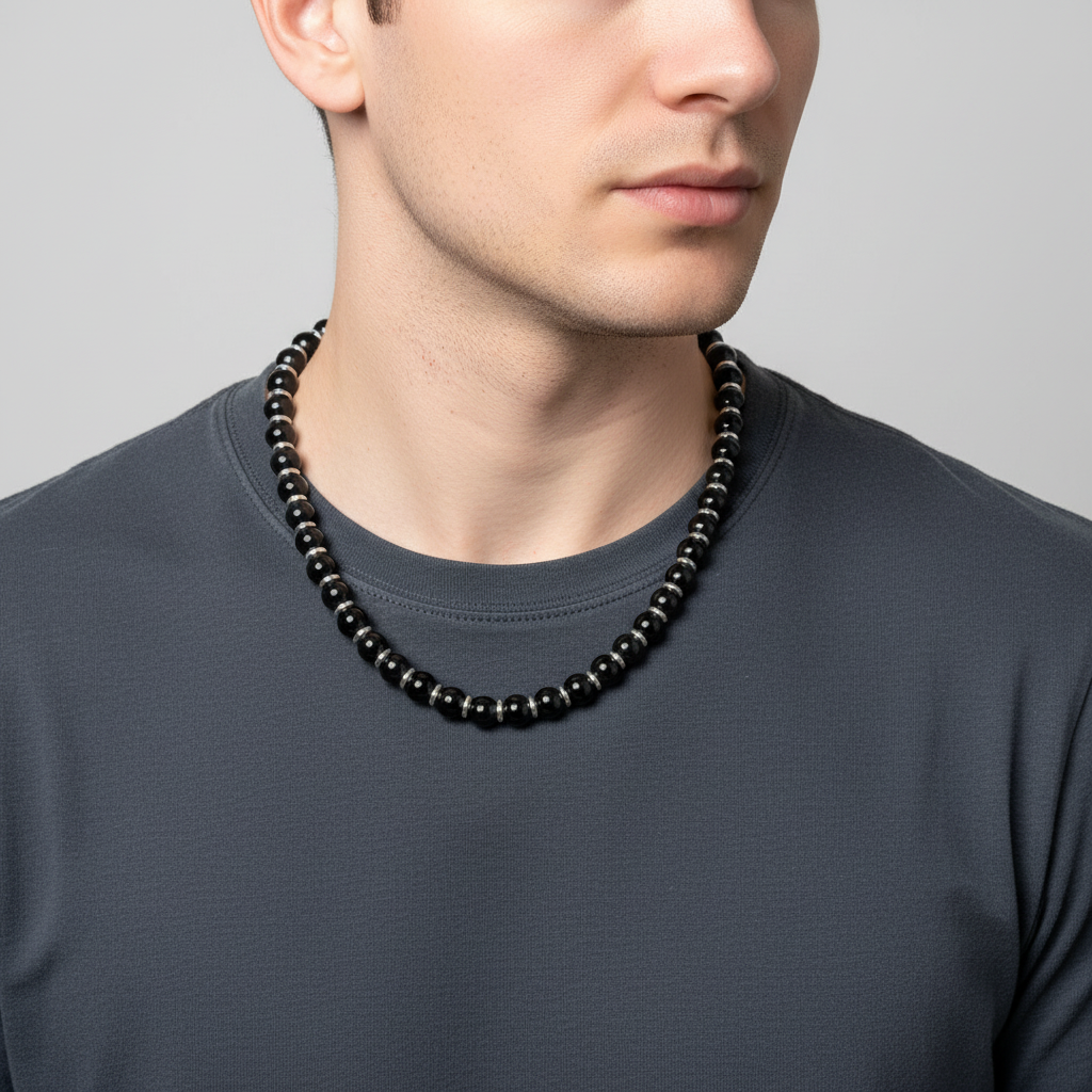 Mens Black Onyx 10mm and Silver Ring Beaded Necklace