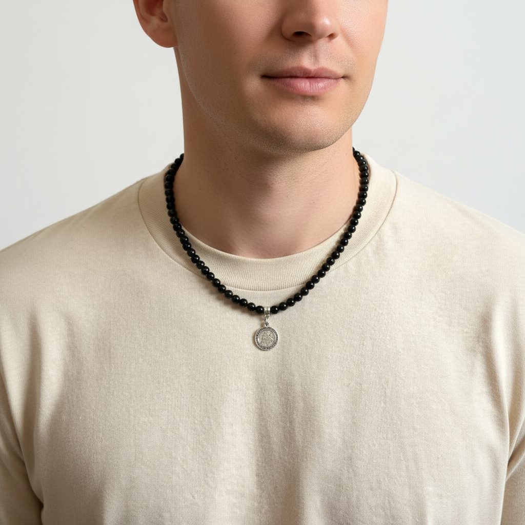 Mens Black Onyx 6mm St. Anthony Pendant Beaded Necklace On A Man.