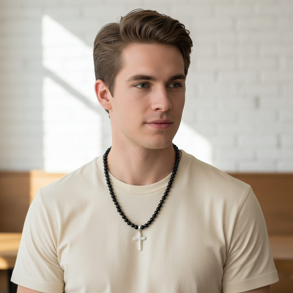 Mens Black Onyx Beaded Necklace with Sterling Silver Cross Charm