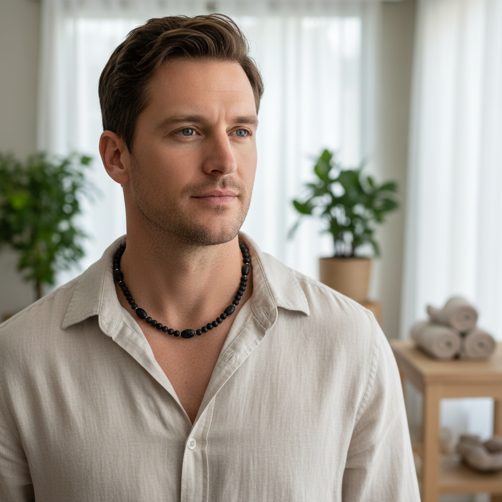 Mens Black Lava 6mm and Oval Beaded Necklace On A Man.