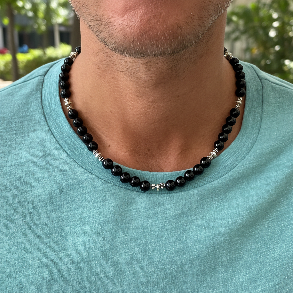 Black Onyx Necklace Outdoor On A Man