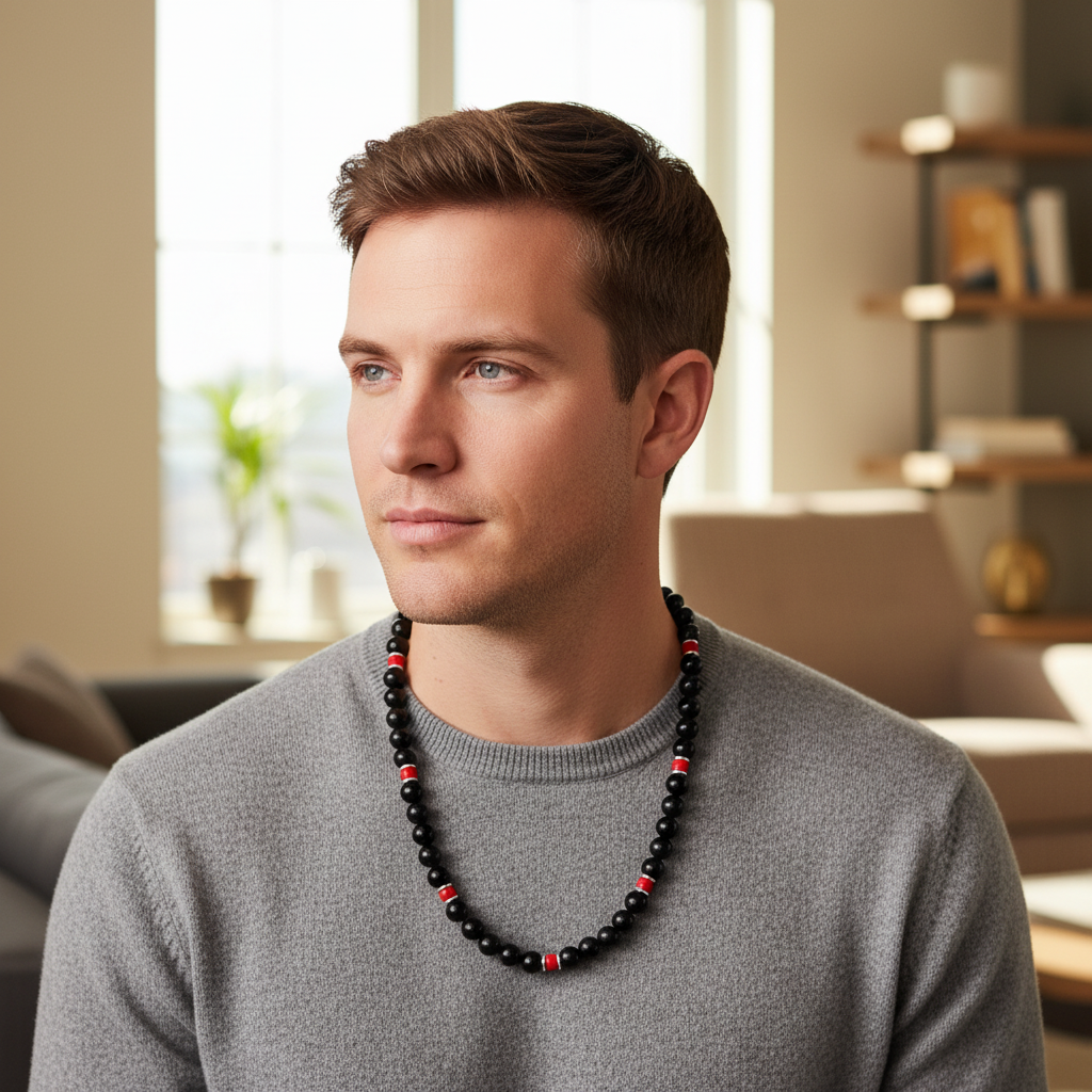 Black Onyx Red and Silver Mens Beaded Necklace On A Man.