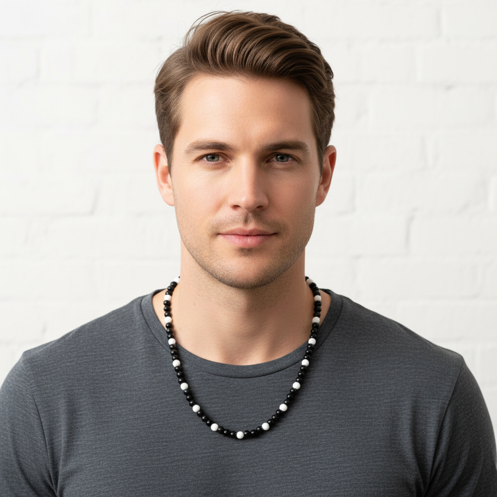 Black Onyx Shell Necklace On a Man.