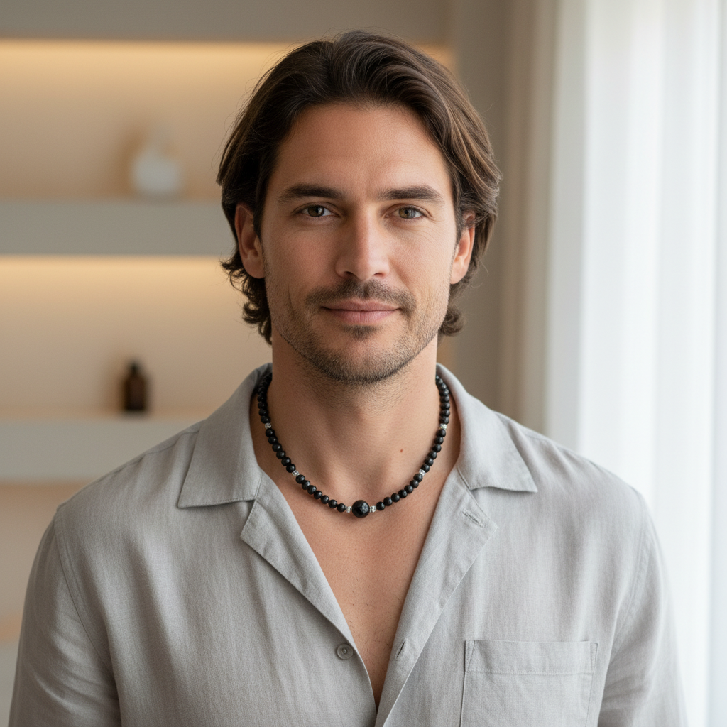 Black Onyx Silver Beaded Necklace On a Man.