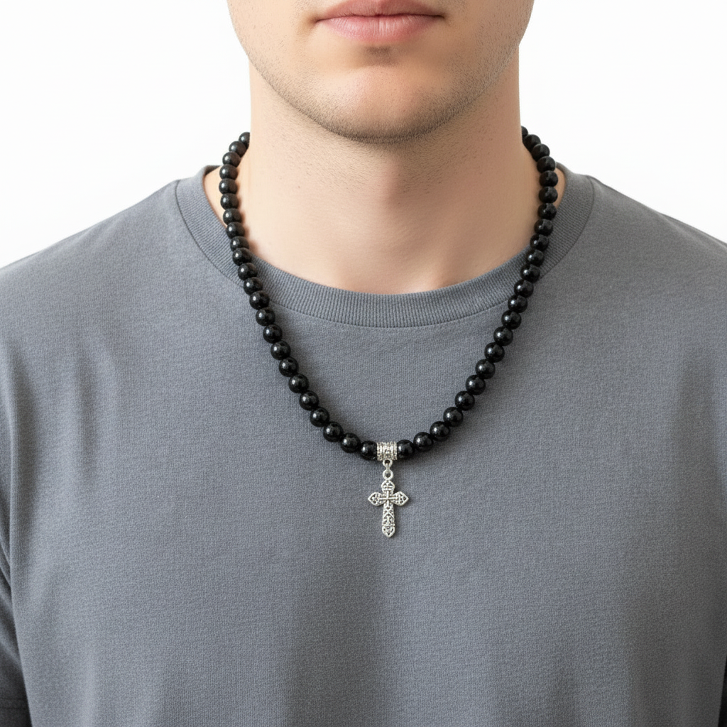 Black Onyx and Silver Detailed Cross Mens Beaded Necklace On A Man