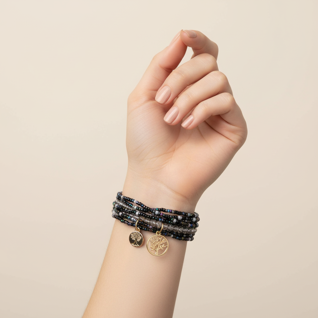 Black Seed Bead Multi-Layered Bracelet On A Womans Wrist