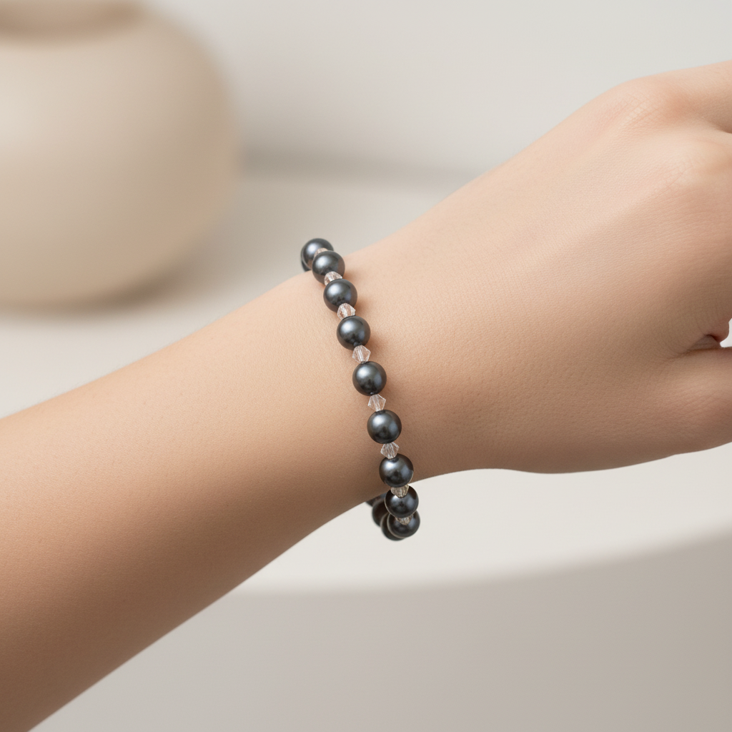 Black Swarovski Pearl Crystal Bracelet On a Wrist.