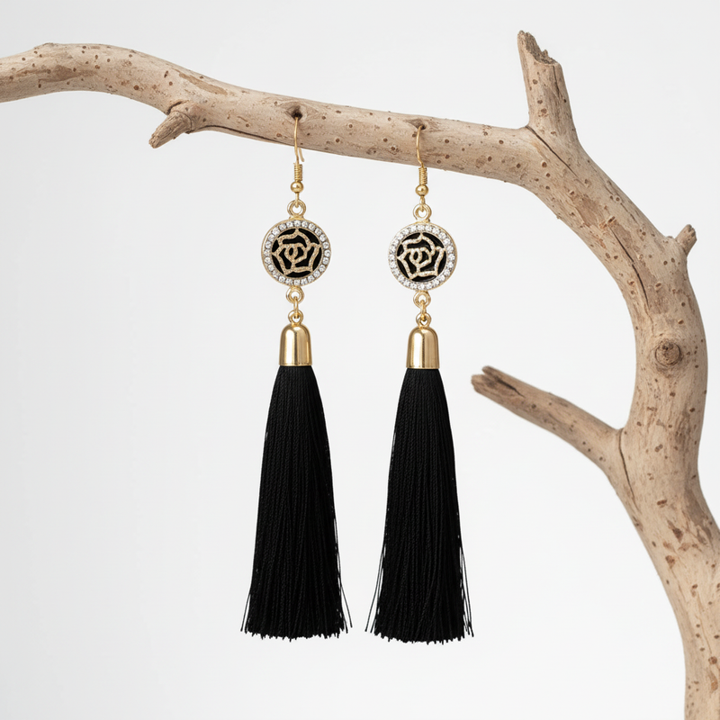 Black Tassel Earrings on Branch.