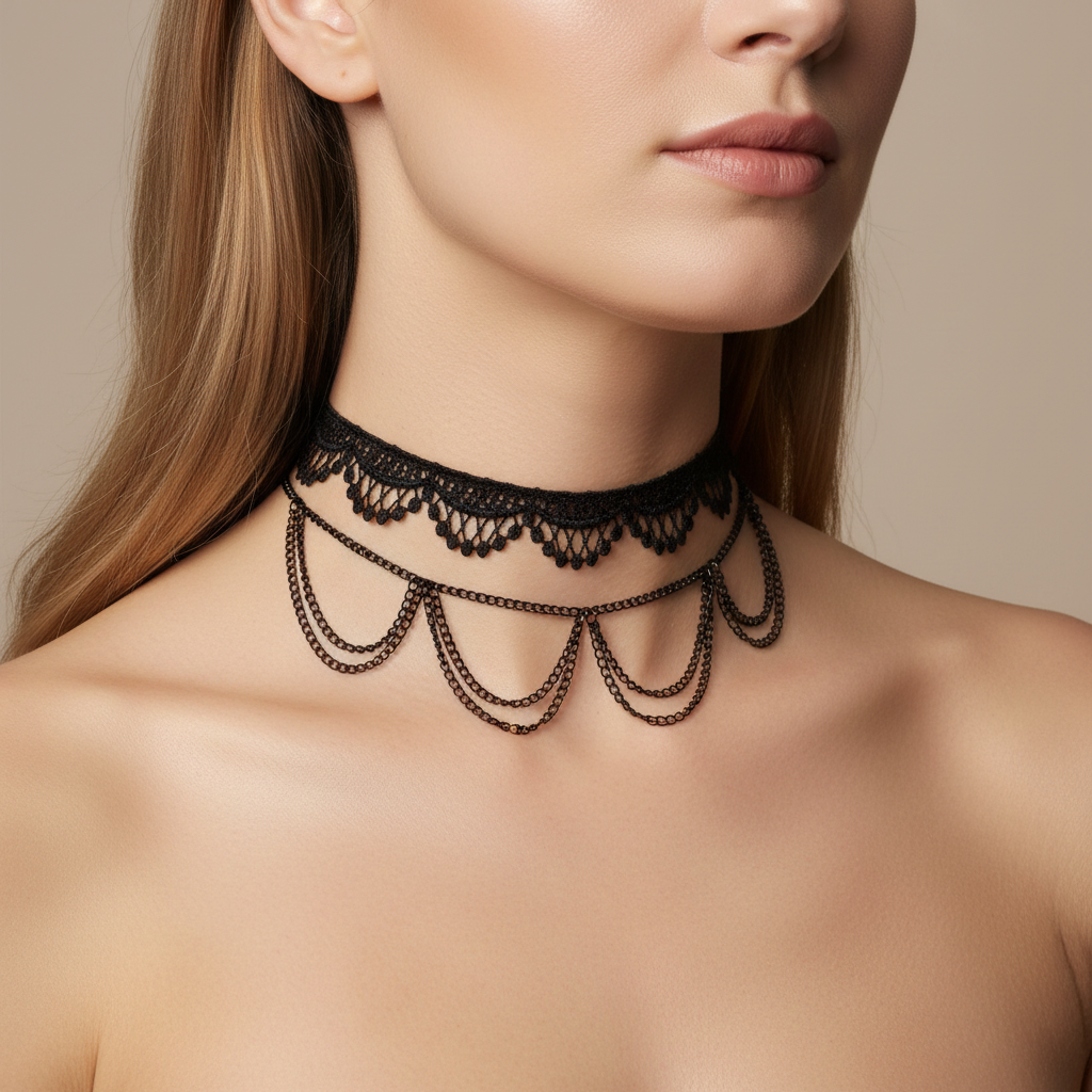 Black Two Piece Lace Crochet and Chain Choker On A Model.