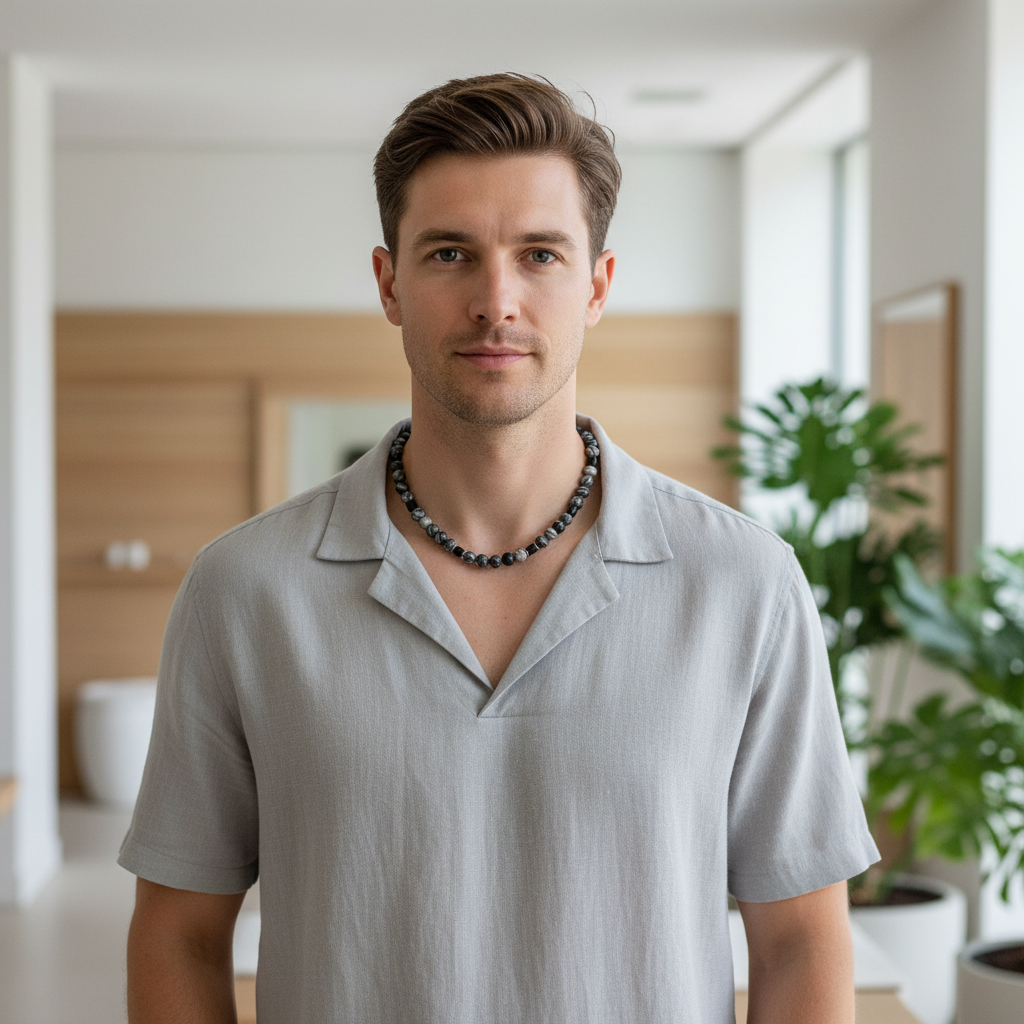 Black Water Jasper & Black Wood Necklace On A Man.