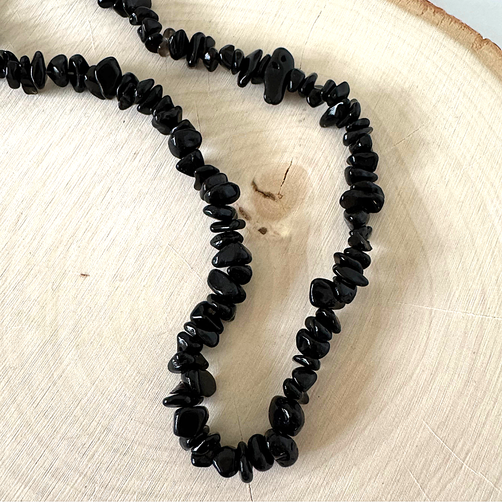 Mens Black Onyx Chip Beaded Necklace Displayed