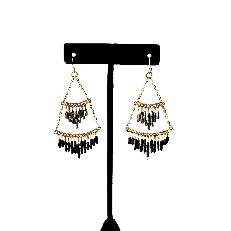Black and Hematite Seed Bead Chandelier Earrings
