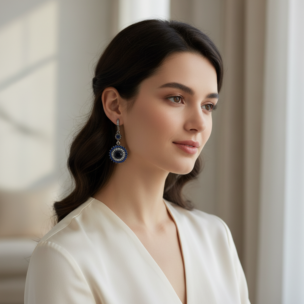 Blue and Clear Crystal Antique Style Dangle Earrings on model