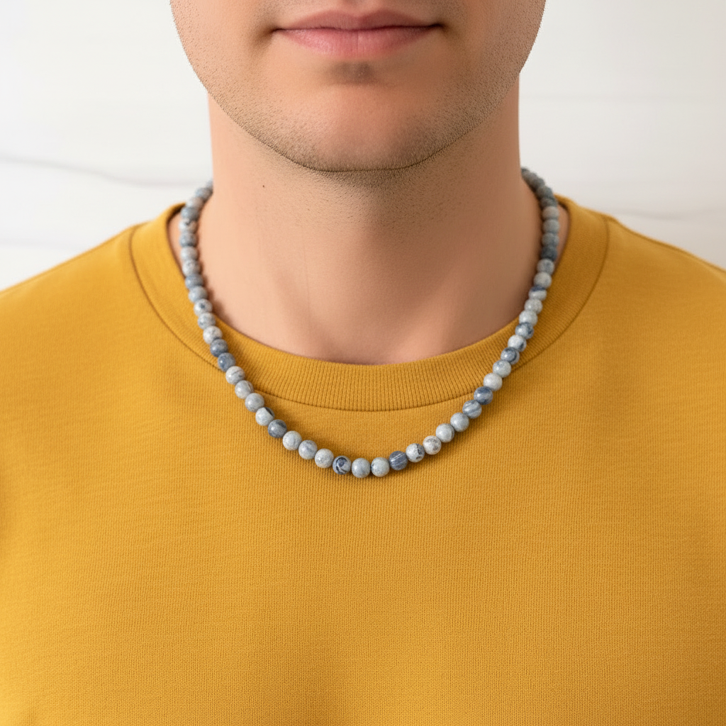 Mens Blue and White 6mm Agate Beaded Necklace