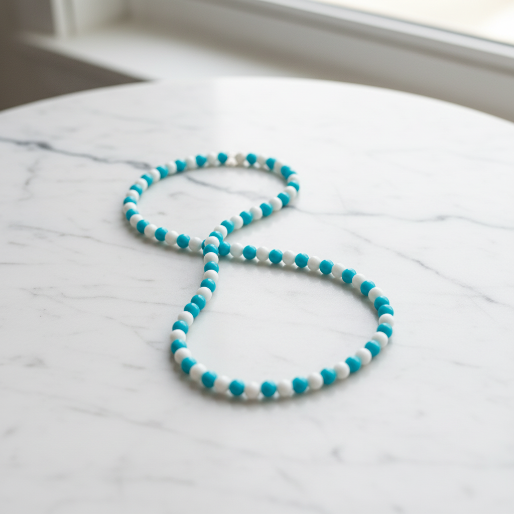 Blue and White Czech Beaded Necklace on A Table