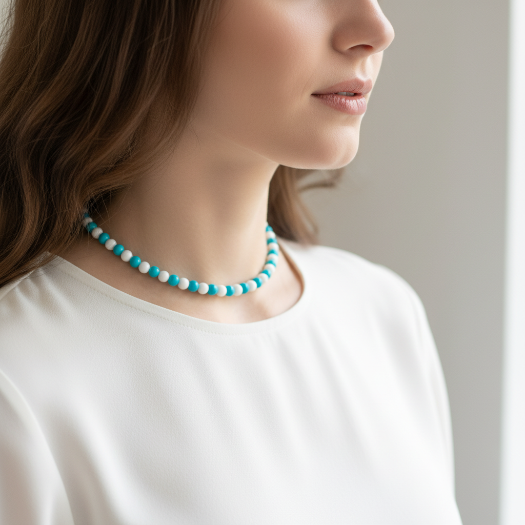 Blue and White Czech Beaded Necklace On A Woman.
