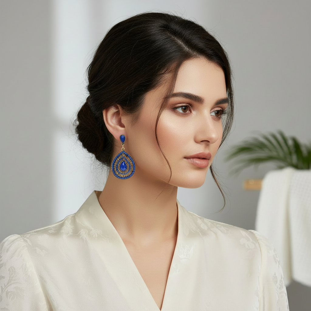 Blue Crystal Pear Shaped Stud Earrings On A Woman Model.