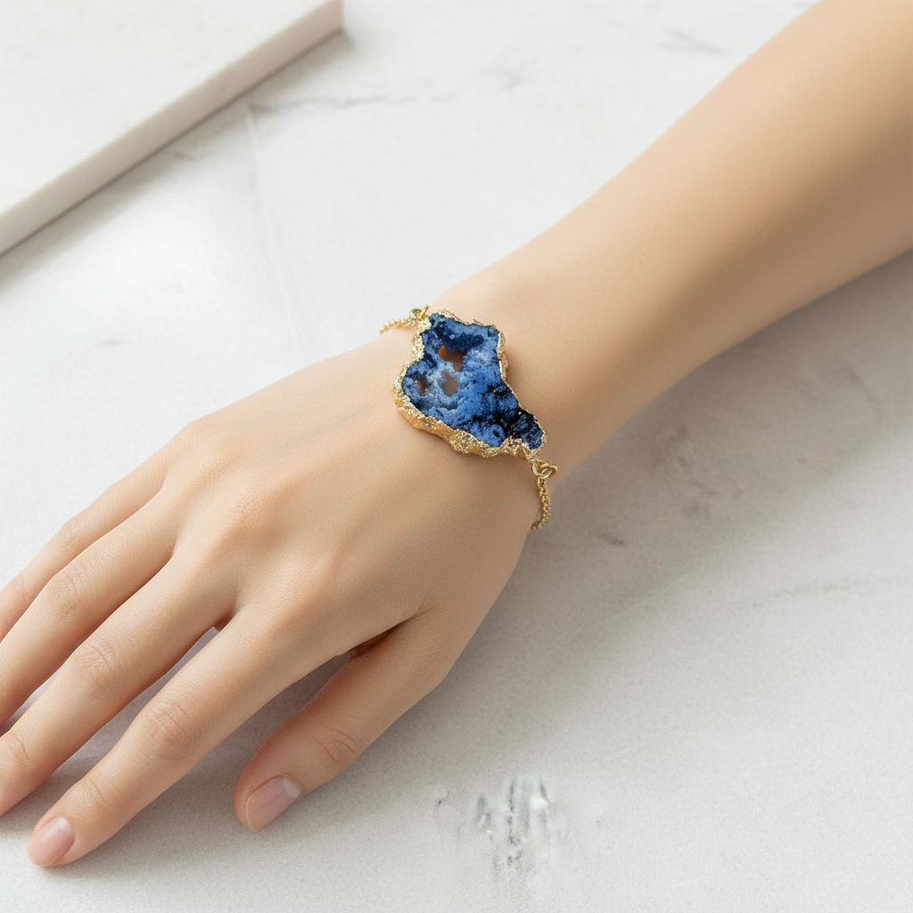 Blue Druzy Gold Adjustable Chain Bracelet.