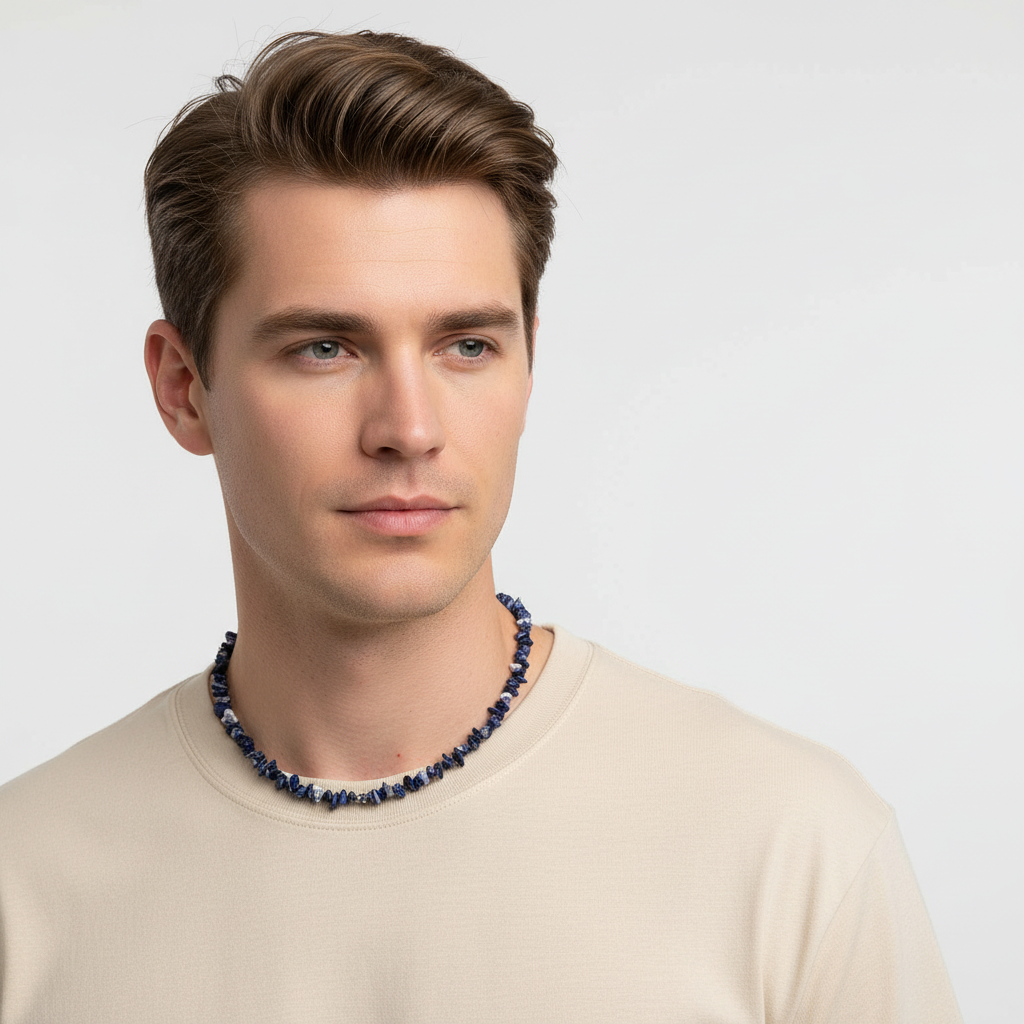 Blue Sodalite Chip Necklace On A Man.