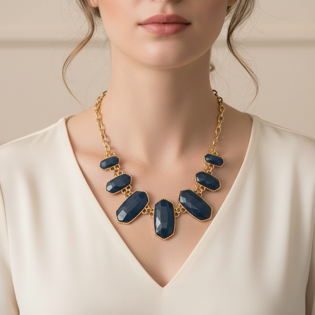 Blue Stone Faceted Necklace On A Model.