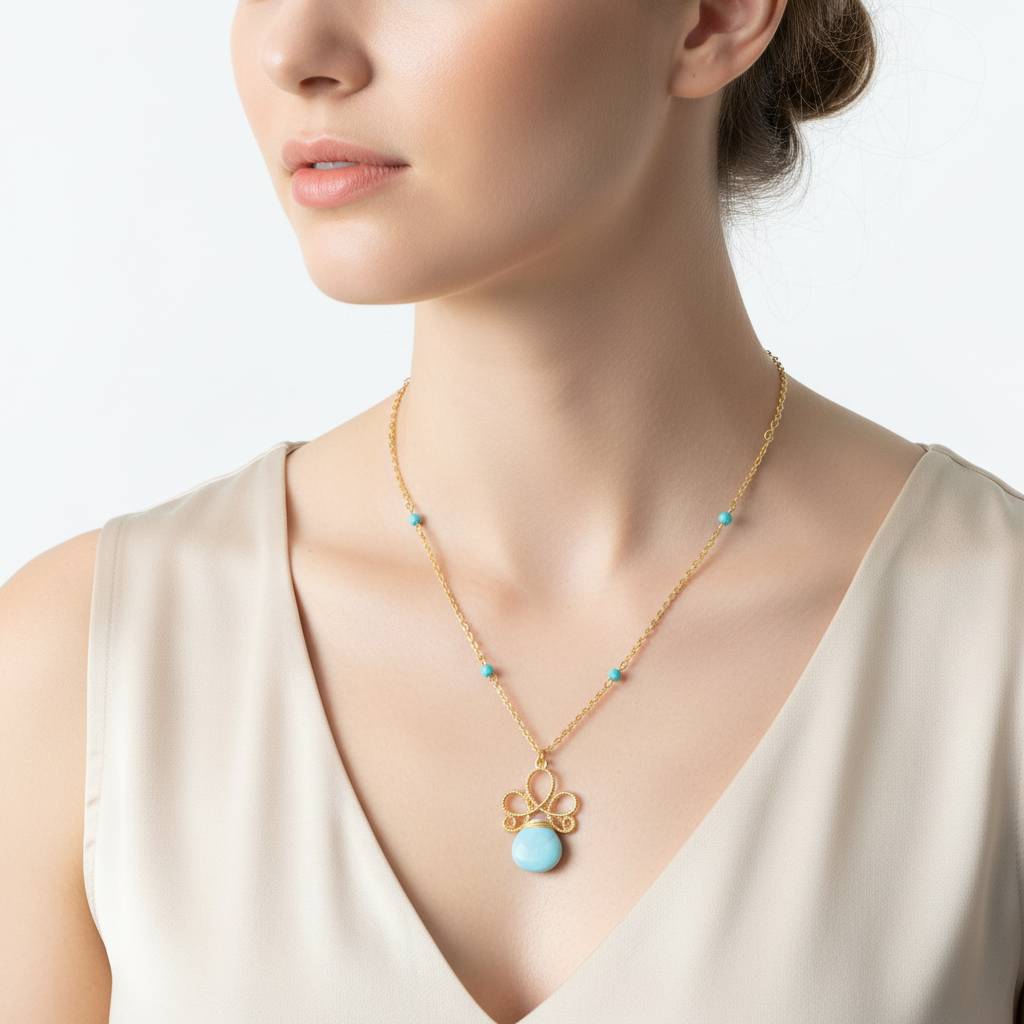 Blue Stone Flower Pendant Necklace.