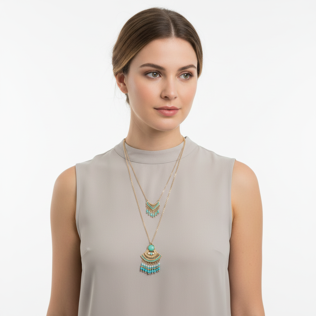 Bohemian Style Turquoise Double Layered Fringe Necklace 