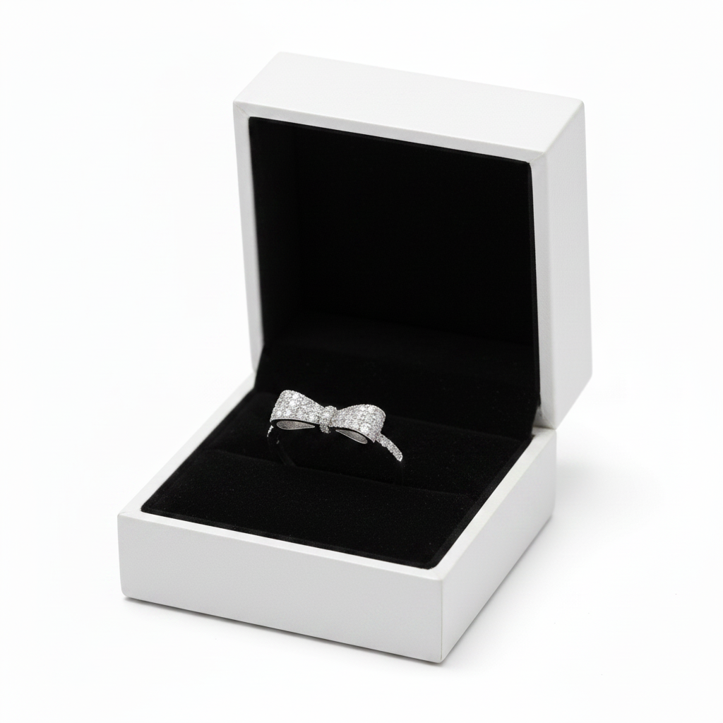 Bow Sterling Silver and CZ Ring in Black Jewelry Box