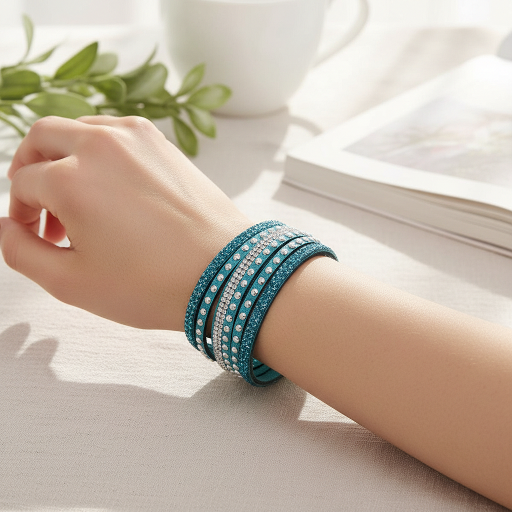 Blue Leather Wrap Crystal Studded Bracelet On A Womans Wrist.