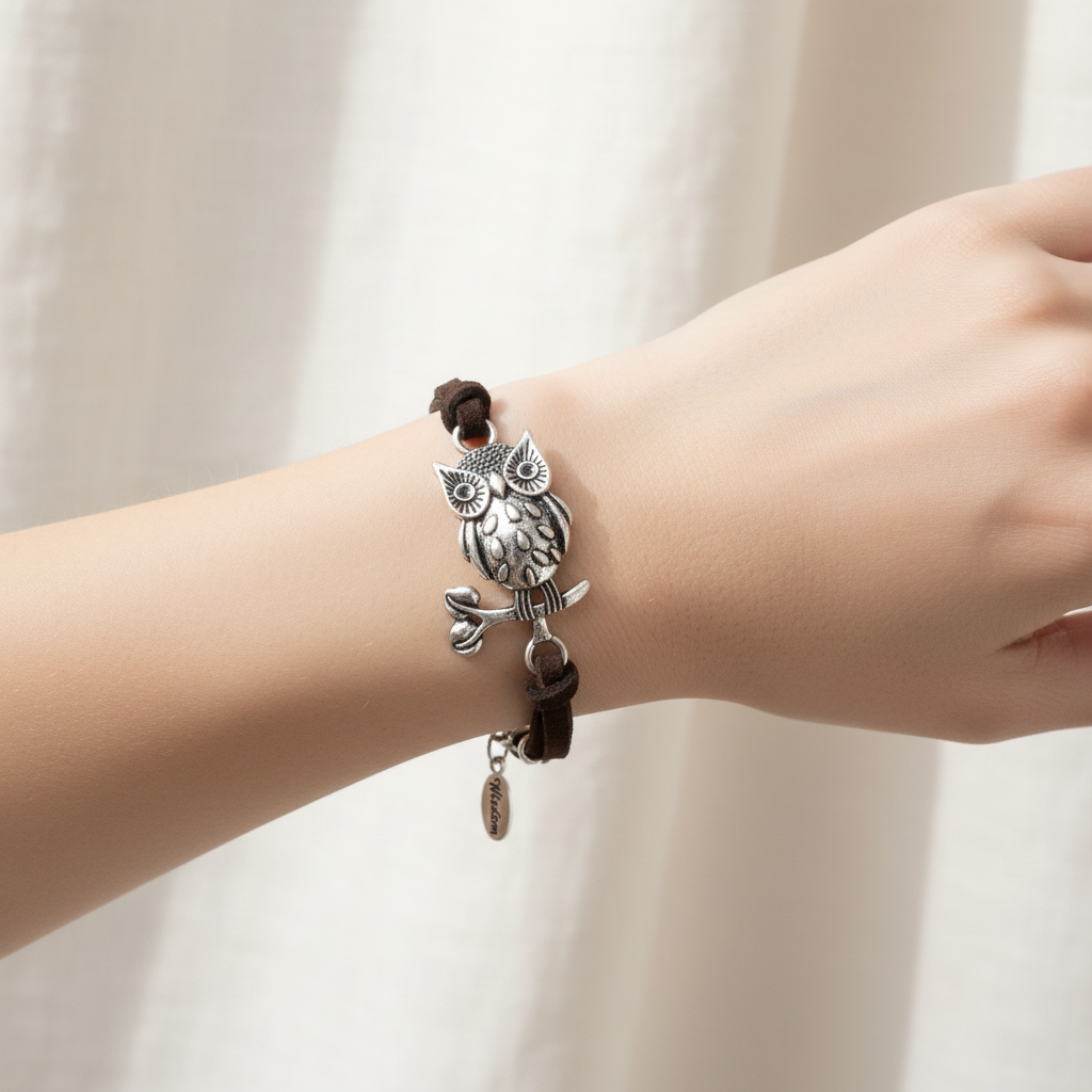 Silver Owl On A Branch Black Suede Bracelet On A Womans Wrist.