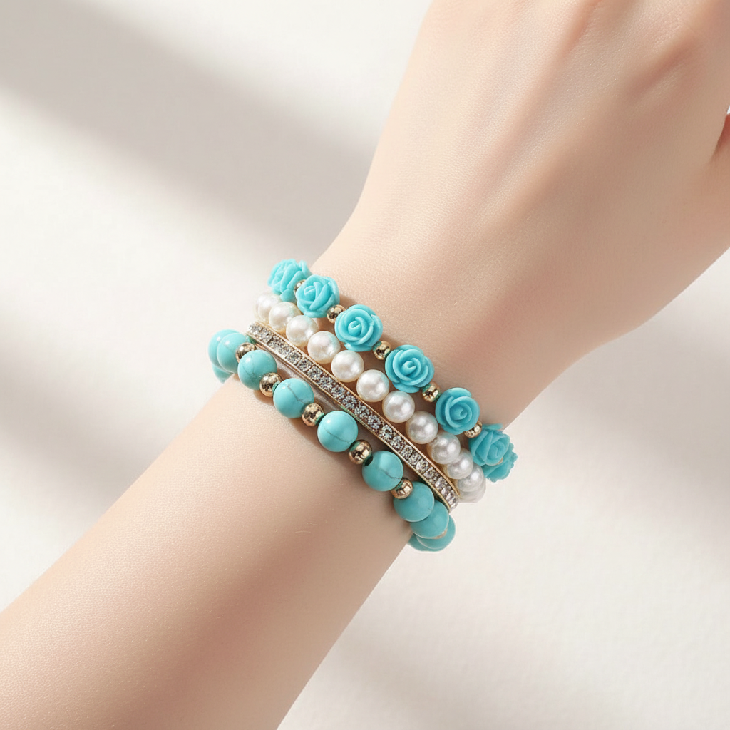 Turquoise Multi Layered Bead and Flower Bracelet Set on Womans Wrist