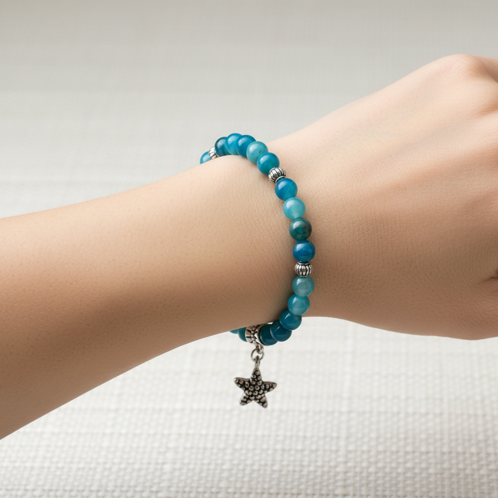 Sky Blue Fire Agate Beaded Bracelet with Silver Starfish Charm