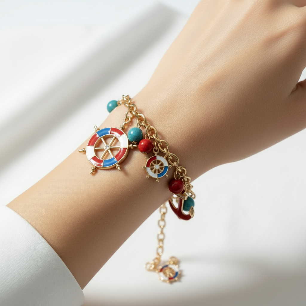 Nautical Red Blue and White Anchor and Ships Wheel Bracelet On A Womans Wrist.