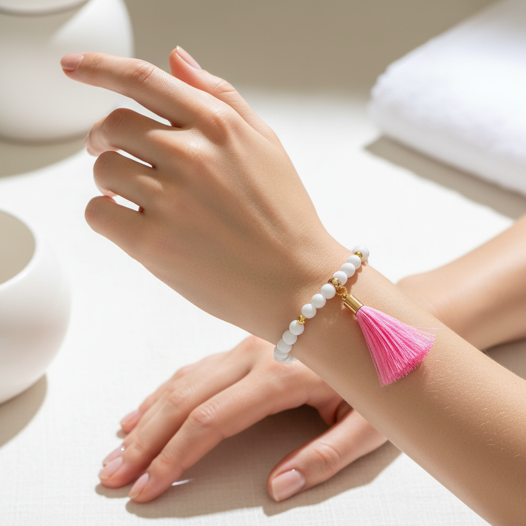 White Czech Glass Beaded Bracelet with Pink Tassel On A Womans Wrist.